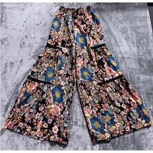 Angie Buckle Black Floral Beach Pants Womens Small Wide Leg Boho NWT